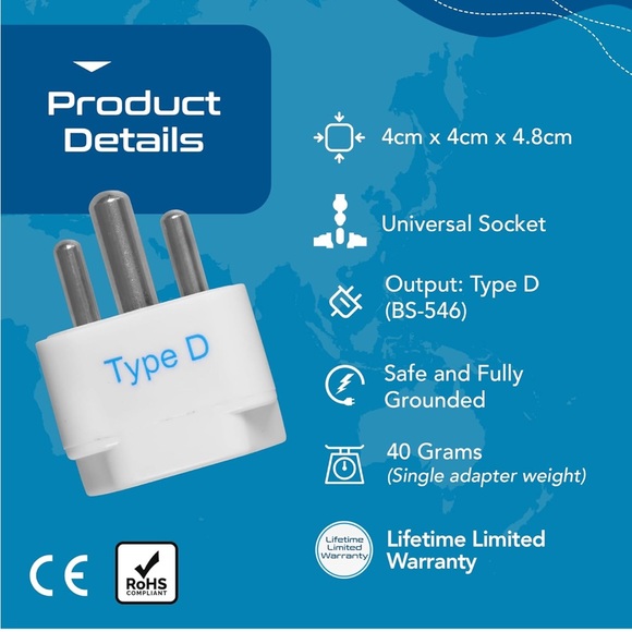 Type D Ceptics India Travel Plug Adapter for Pakistan Nepal Bangladesh - 3 Pack - Picture 5 of 11
